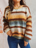 Striped Round Neck Long Sleeve Sweater Ochre One Size for a perfect OOTD – dress to impress outfits from Amexza
