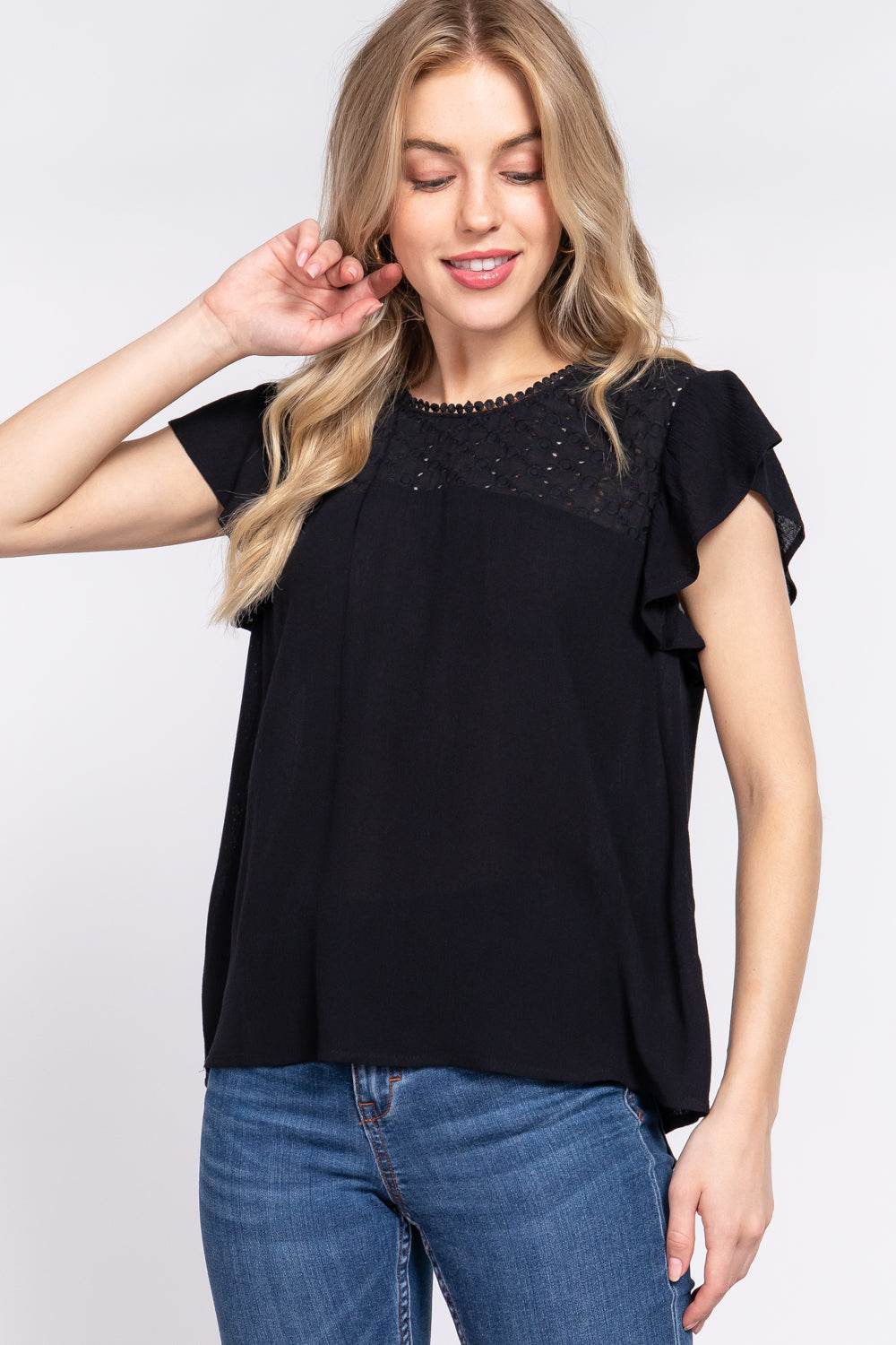 ACTIVE BASIC Ruffle Short Sleeve Crochet Blouse Black for a perfect OOTD – dress to impress outfits from Amexza