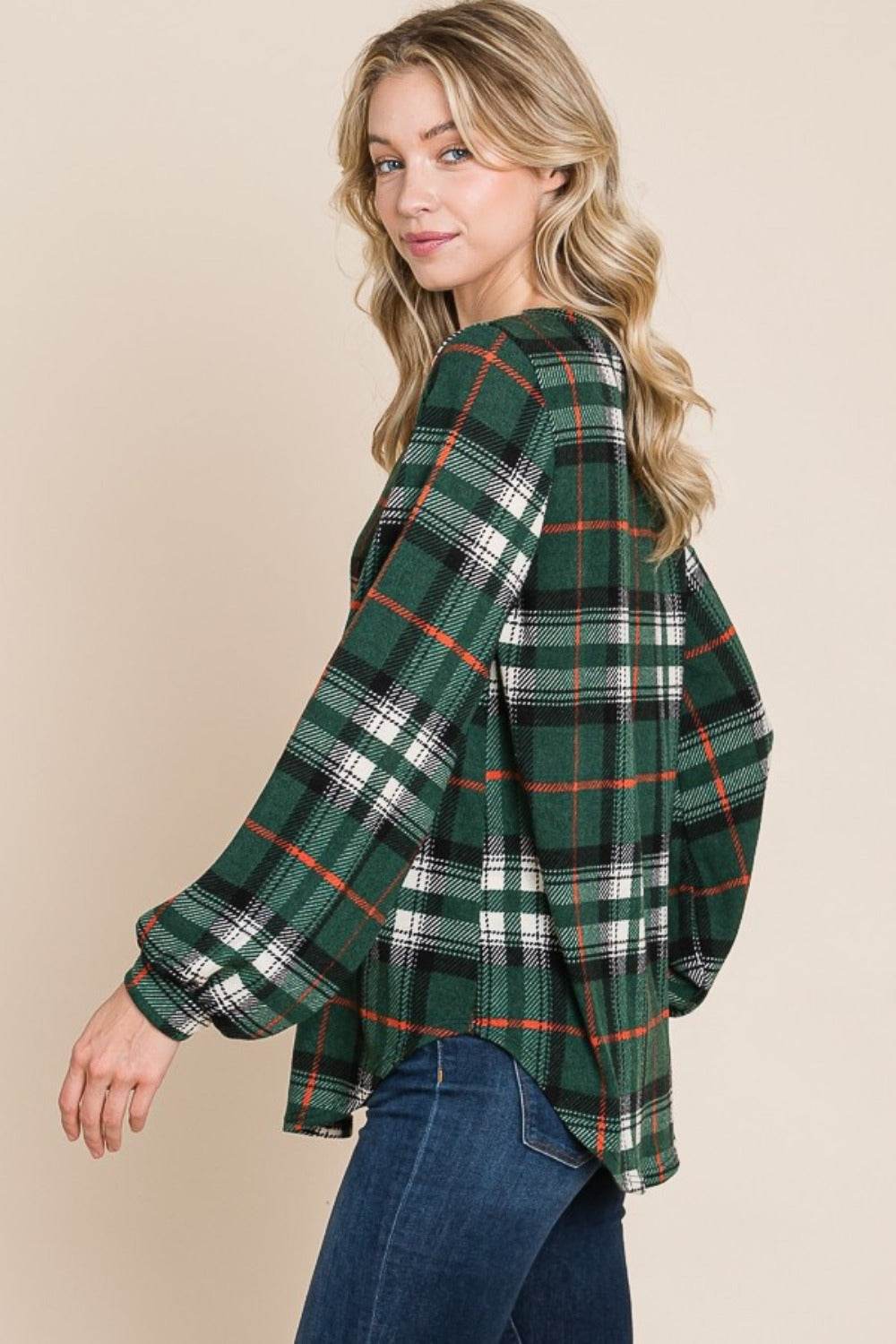 BOMBOM Curved Hem Plaid Round Neck Long Sleeve Top - Amexza