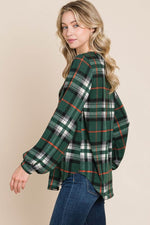 BOMBOM Curved Hem Plaid Round Neck Long Sleeve Top - Amexza
