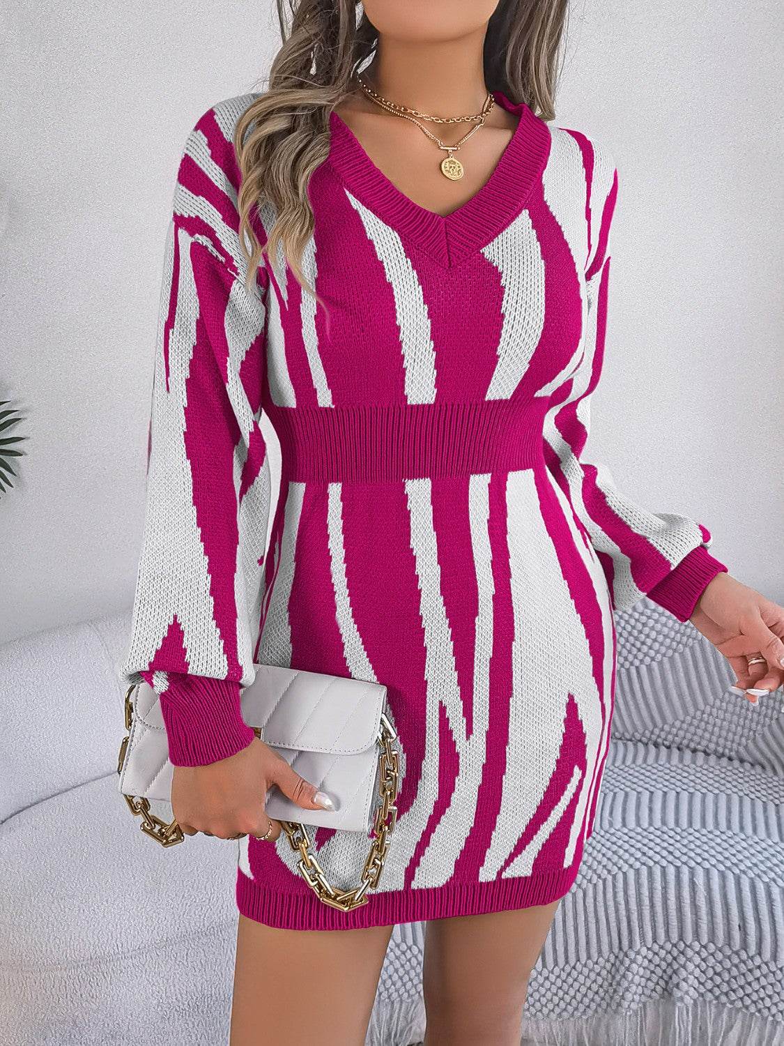 Animal Print V-Neck Long Sleeve Sweater Dress Cerise for a perfect OOTD – dress to impress outfits from Amexza