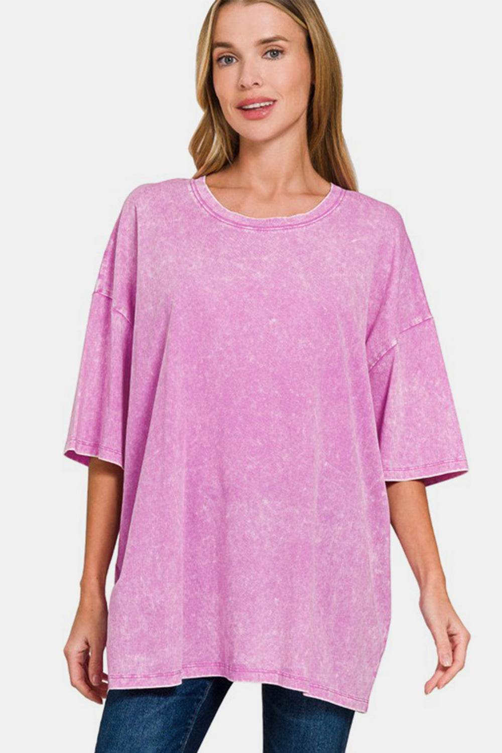 Zenana Full Size Washed Round Neck Drop Shoulder Oversized T-Shirt Moonlit Mauve for a perfect OOTD – dress to impress outfits from Amexza