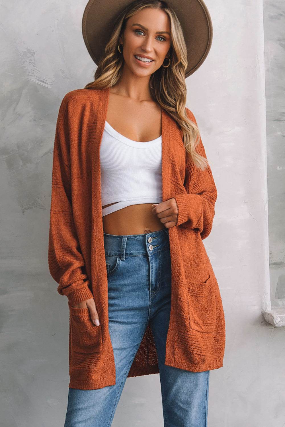 Open Front Textured Cardigan with Pockets for a perfect OOTD – dress to impress outfits from Amexza