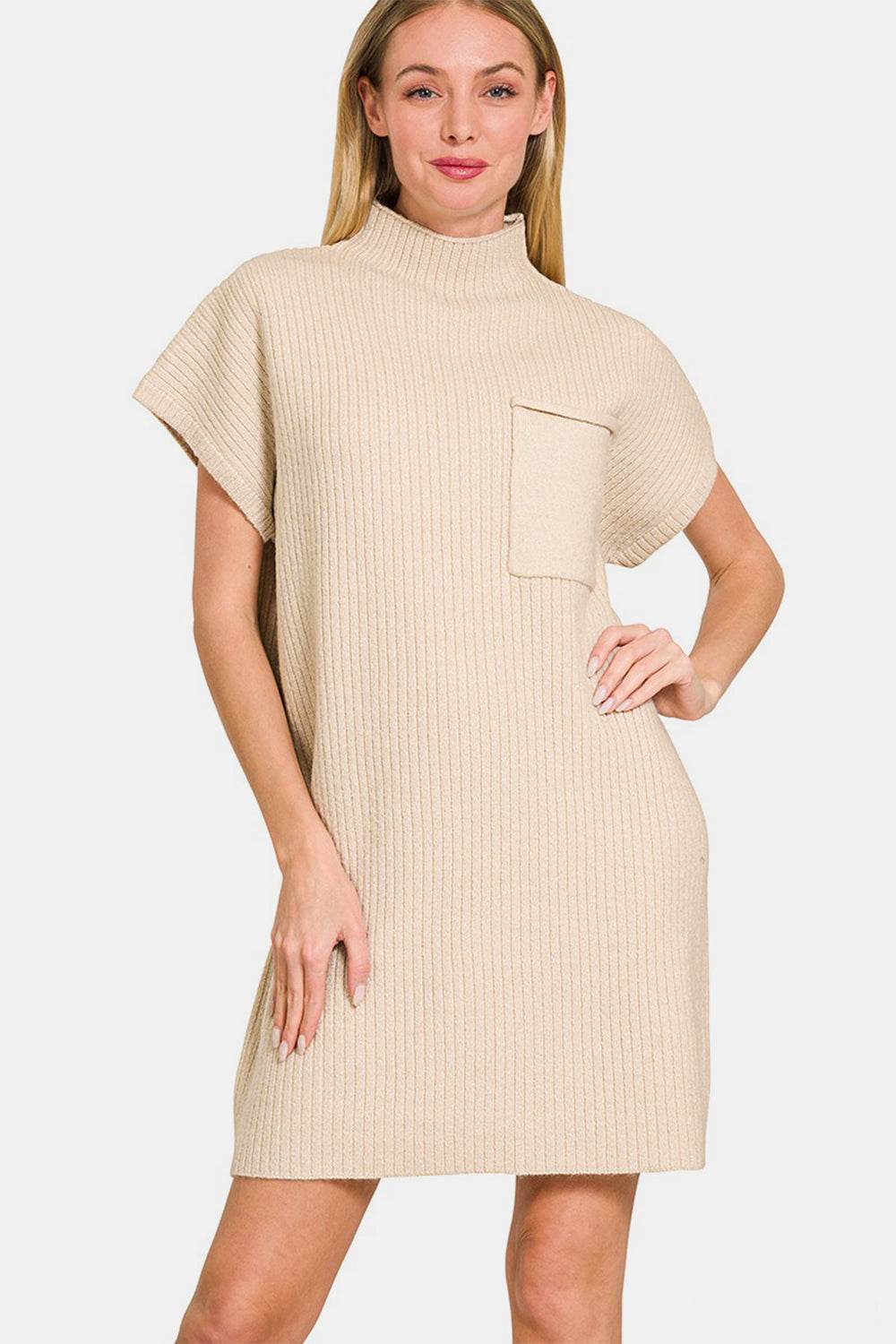 Zenana Short Sleeve Sweater Mini Dress Sand Beige for a perfect OOTD – dress to impress outfits from Amexza