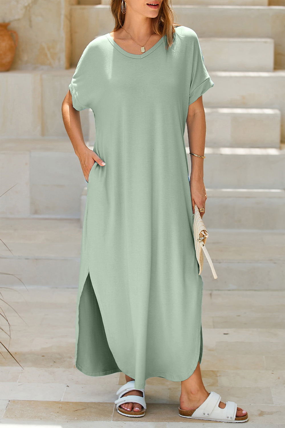 Slit Pocketed Short Sleeve Dress - Sage / S