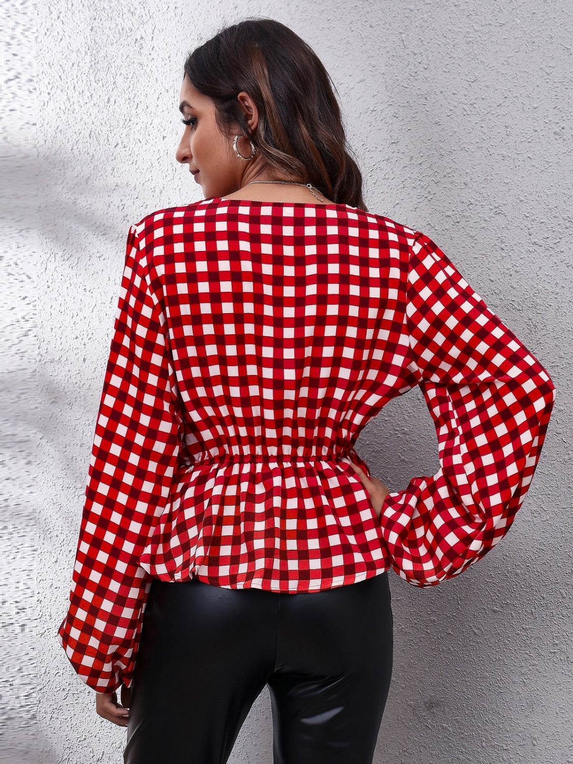 Plaid V-Neck Balloon Sleeve Peplum Blouse for a perfect OOTD – dress to impress outfits from Amexza