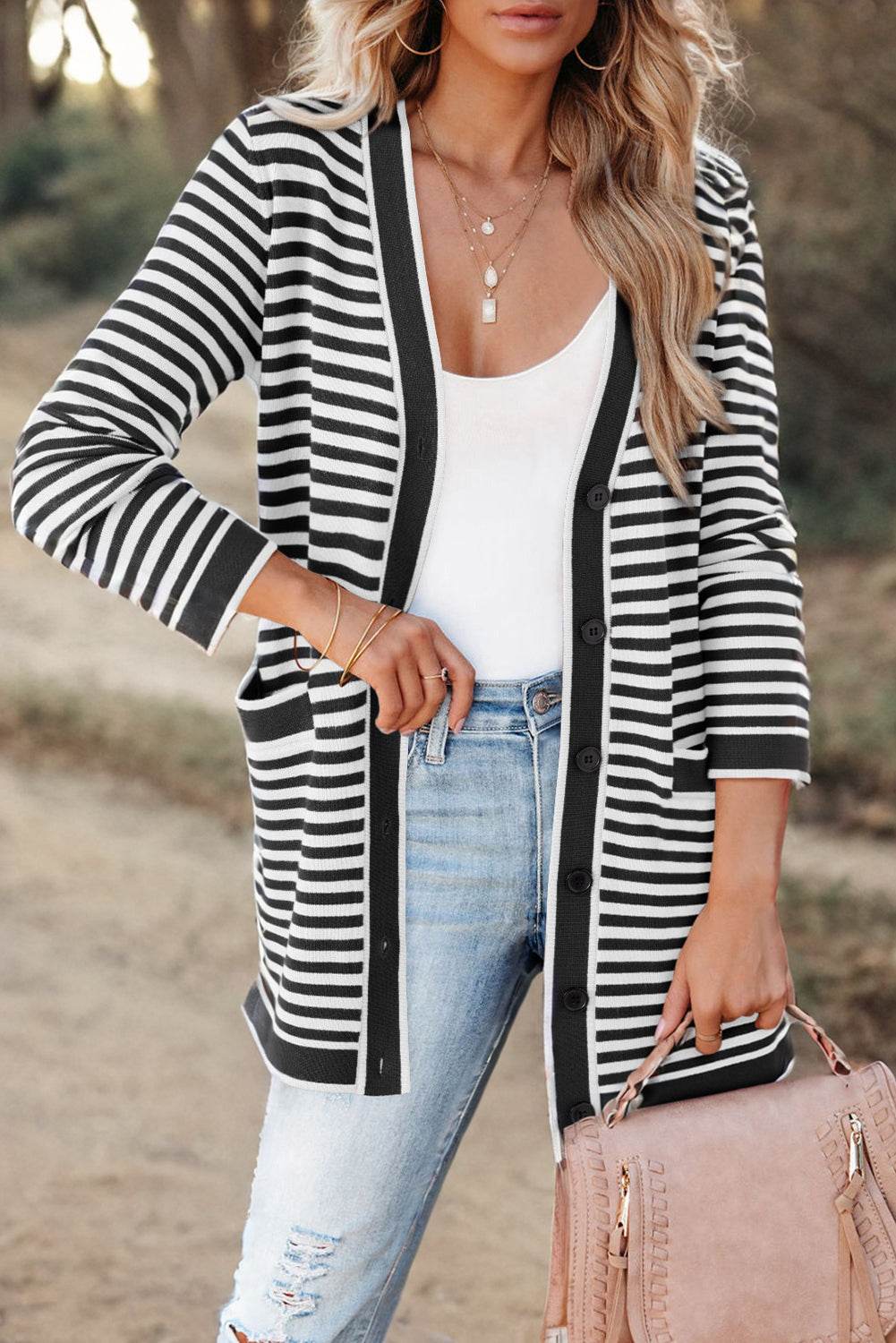 Striped Open Front Long Sleeve Cardigan - Amexza