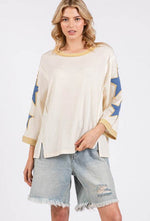 SAGE + FIG Star Patch Side Slit Round Neck Top for a perfect OOTD – dress to impress outfits from Amexza