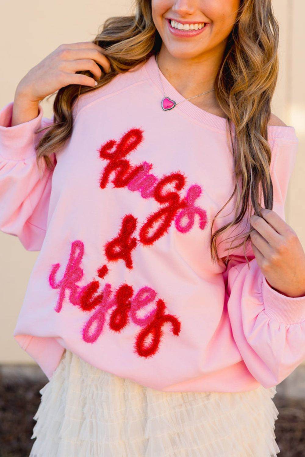 Valentine’s Day HUG AND KISSES Round Neck Sweatshirt Blush Pink for a perfect OOTD – dress to impress outfits from Amexza