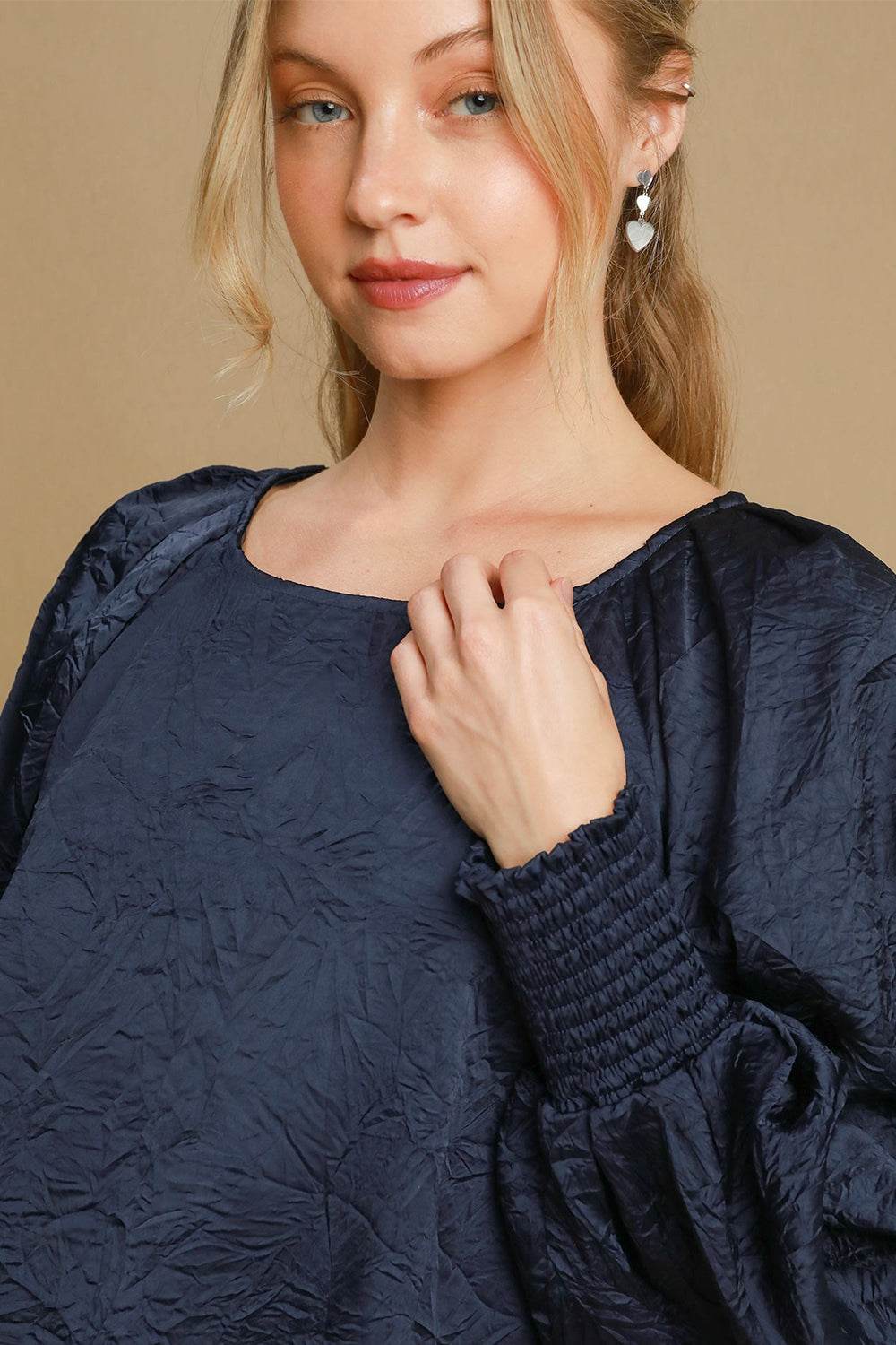 Umgee Wrinkled Round Neck Lantern Sleeve Blouse for a perfect OOTD – dress to impress outfits from Amexza