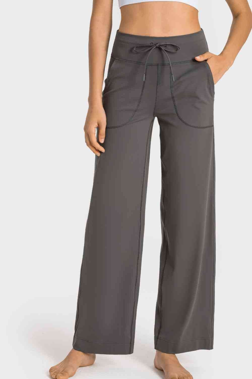 Millennia Drawstring Waist Wide Leg Sports Pants with Pockets - Amexza