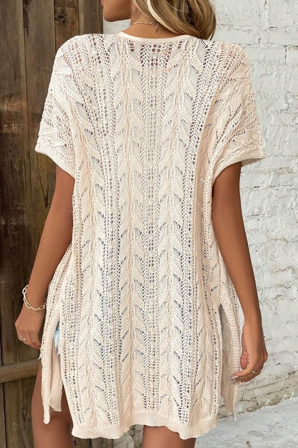 Openwork Open Front Short Sleeve Cardigan - Amexza