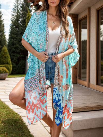 Printed Open Front Cover-Up Light Blue One Size for a perfect OOTD – dress to impress outfits from Amexza
