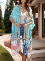 Printed Open Front Cover-Up Light Blue One Size for a perfect OOTD – dress to impress outfits from Amexza