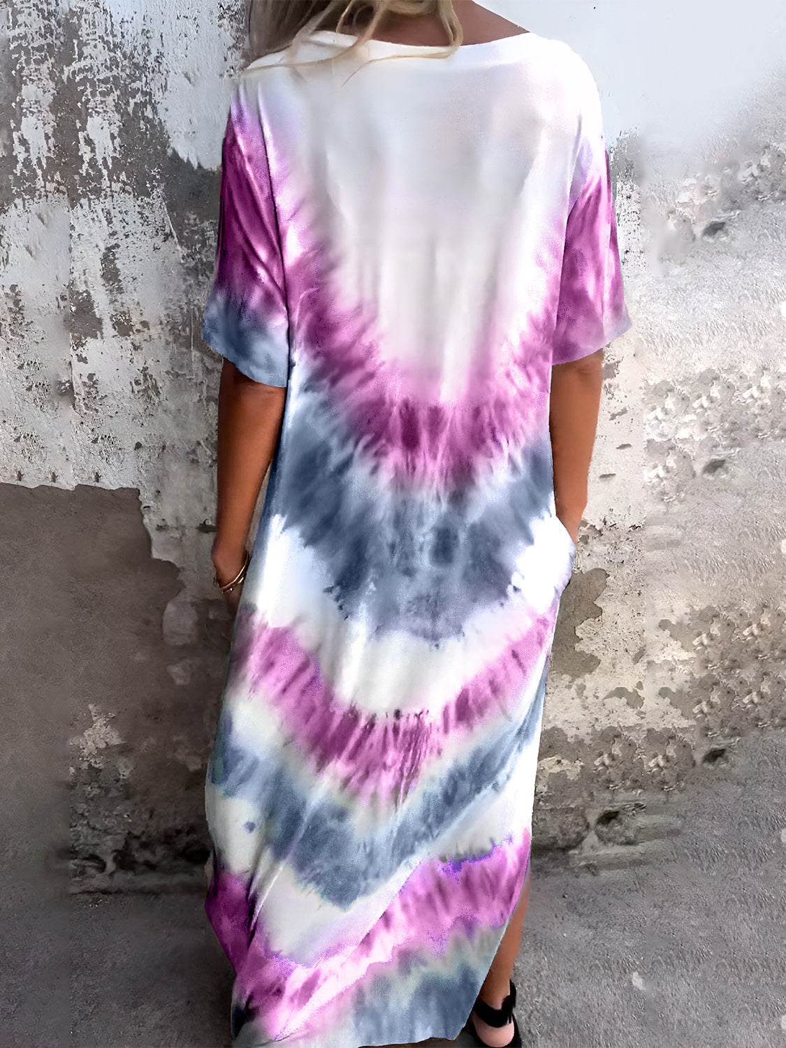 Full Size Pocketed Tie-Dye Short Sleeve Dress - Amexza