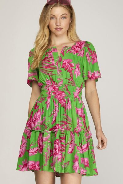 She + Sky Full Size Printed Notched Short Sleeve Frill Tiered Dress Plus Size Green for a perfect OOTD – dress to impress outfits from Amexza