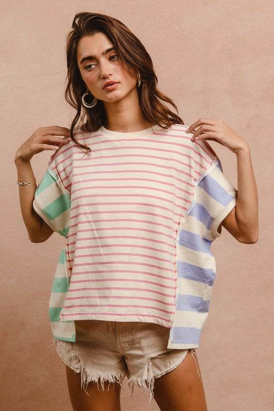 BiBi Slit Exposed Seam Striped Round Neck Short Sleeve T-Shirt for a perfect OOTD – dress to impress outfits from Amexza