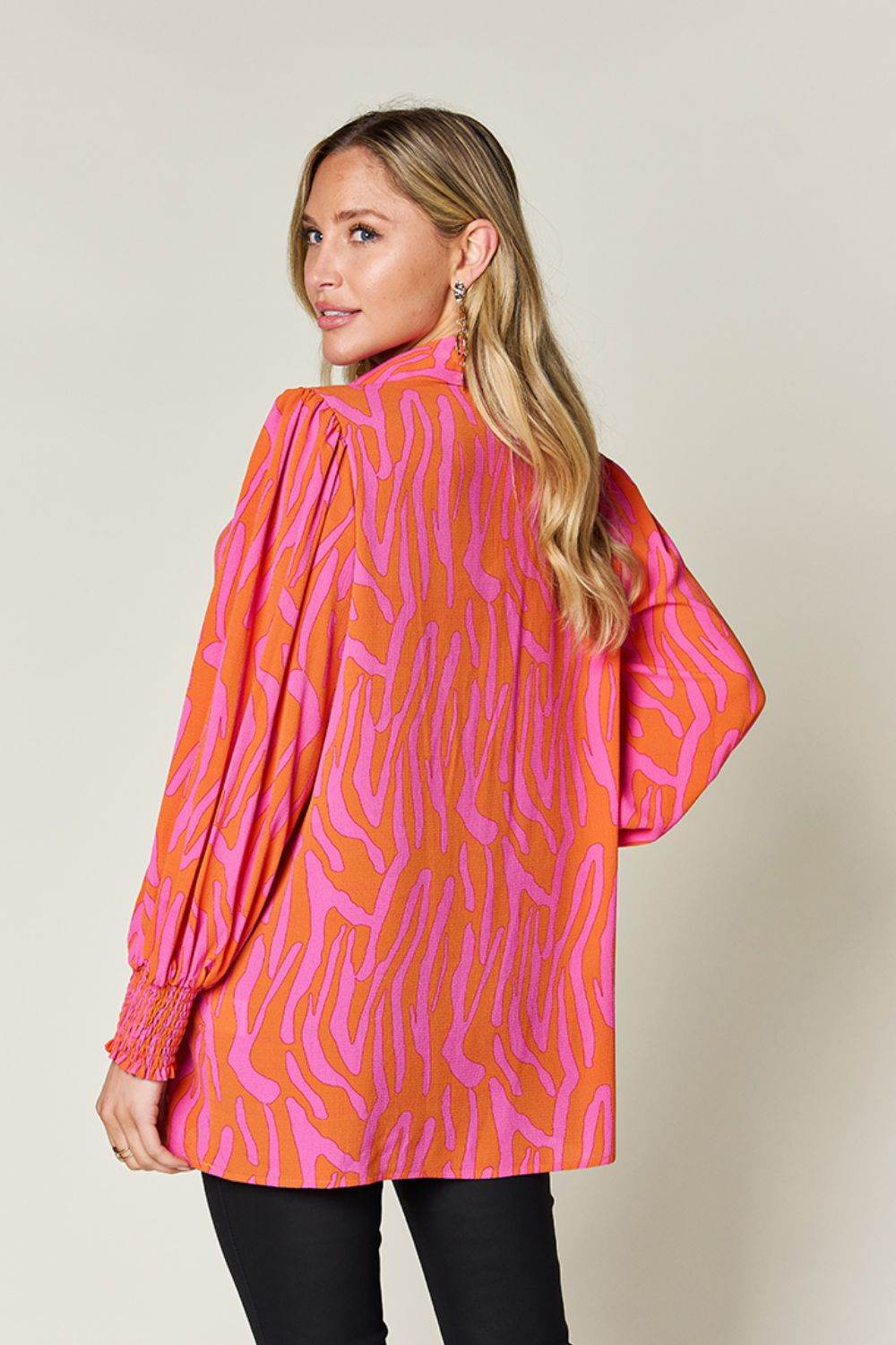 Double Take Full Size Printed Smocked Long Sleeve Blouse for a perfect OOTD – dress to impress outfits from Amexza