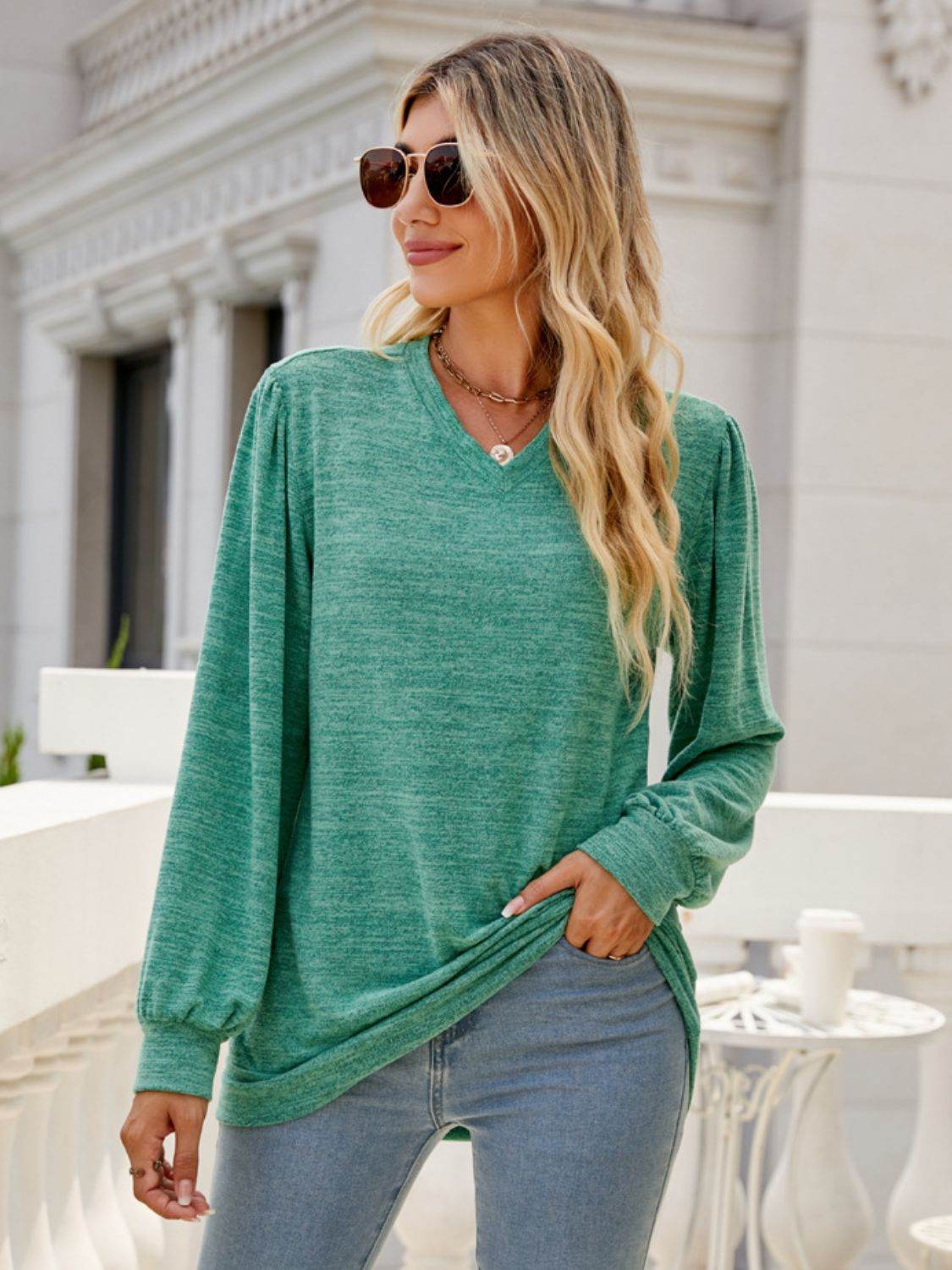 Heathered V-Neck Long Sleeve T-Shirt Turquoise for a perfect OOTD – dress to impress outfits from Amexza