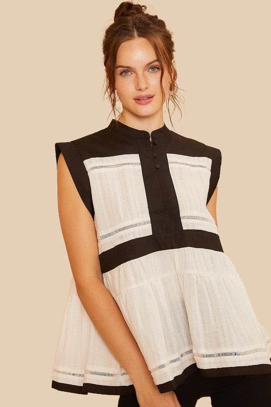 Annie Wear Contrast Trim Peplum Button Detail Blouse for a perfect OOTD – dress to impress outfits from Amexza