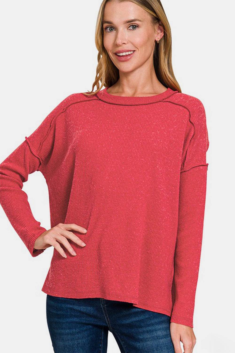 Zenana Full Size Exposed Seam Brushed Round Neck Sweater Red for a perfect OOTD – dress to impress outfits from Amexza