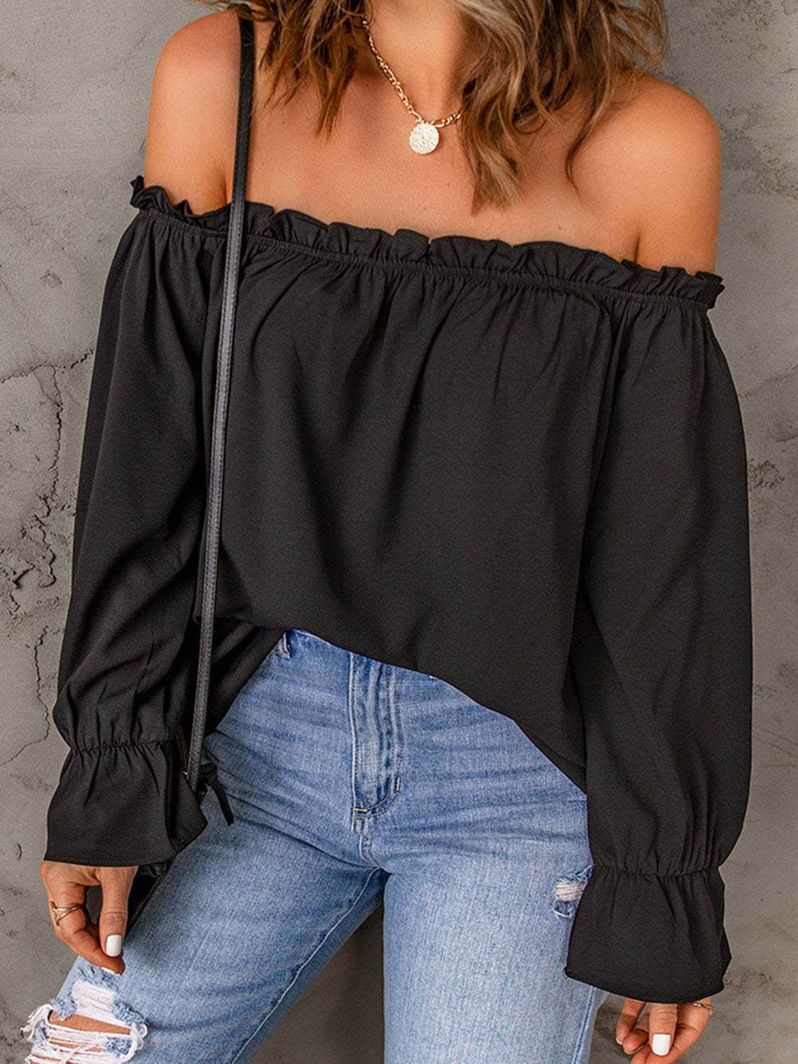 Off-Shoulder Flounce Sleeve Blouse - Amexza
