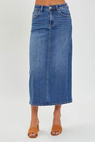 RISEN High Rise Back Slit Denim Skirt Dark for a perfect OOTD – dress to impress outfits from Amexza