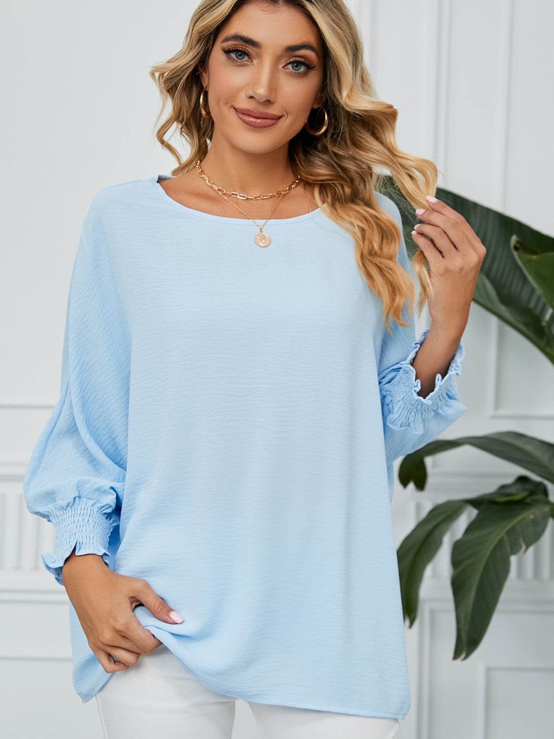 Smocked Lantern Sleeve Round Neck Blouse Misty Blue for a perfect OOTD – dress to impress outfits from Amexza