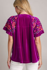 Umgee Full Size Velvet Embroidery Short Sleeve Blouse - Amexza
