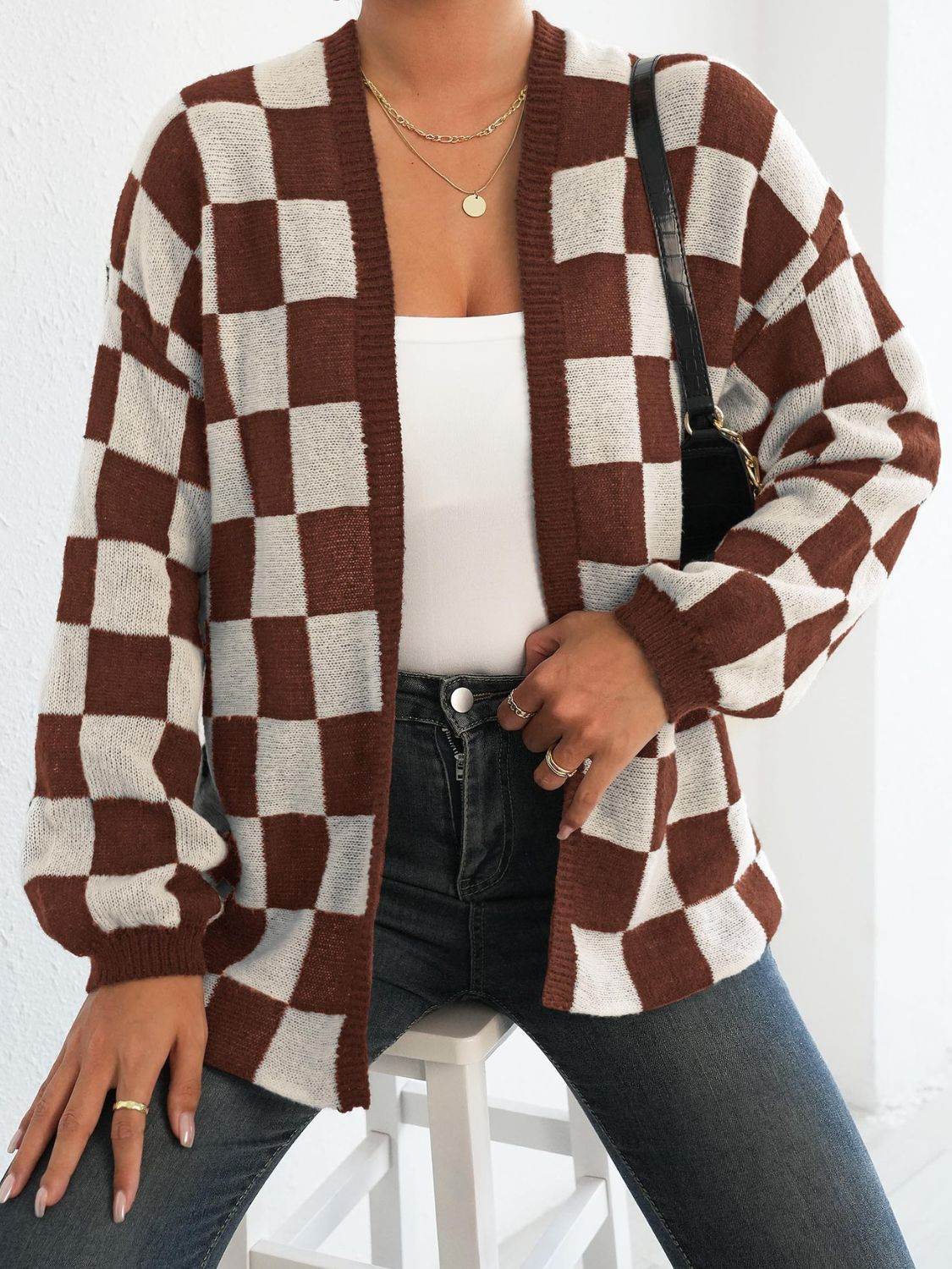 Checkered Open Front Long Sleeve Cardigan Brown White for a perfect OOTD – dress to impress outfits from Amexza