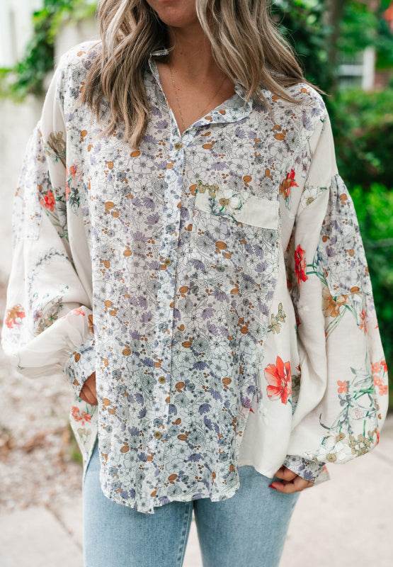 Floral Collared Neck Long Sleeve Shirt Floral for a perfect OOTD – dress to impress outfits from Amexza