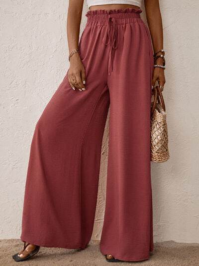 Perfee Frill Tied Wide Leg Pants Rust for a perfect OOTD – dress to impress outfits from Amexza