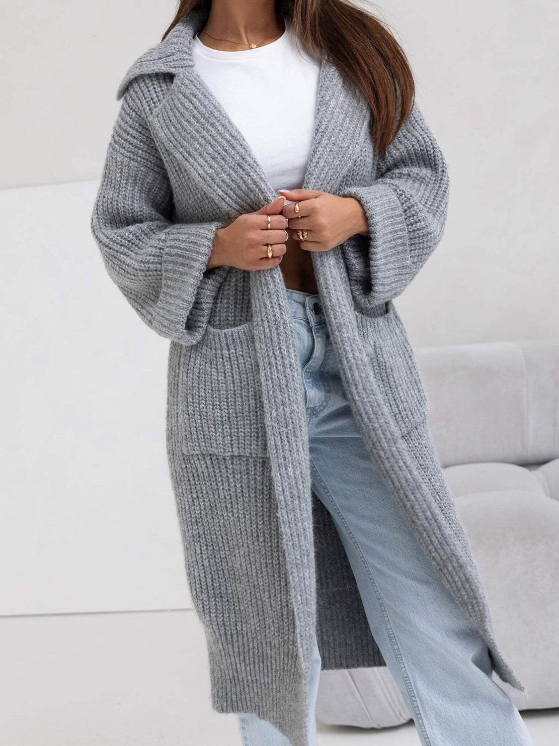 Pocketed Collared Neck Dropped Shoulder Cardigan Gray One Size for a perfect OOTD – dress to impress outfits from Amexza