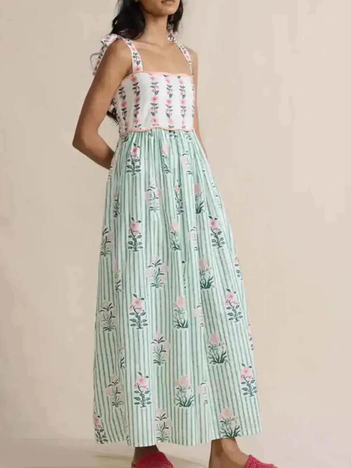 Floral Striped Maxi Cami Dress with Tie Straps