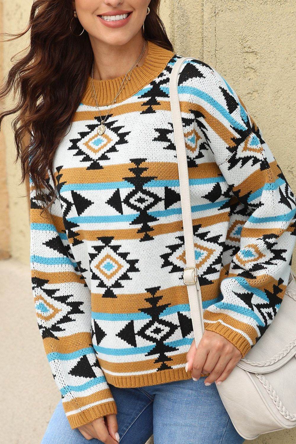 Geometric Round Neck Long Sleeve Sweater - Amexza