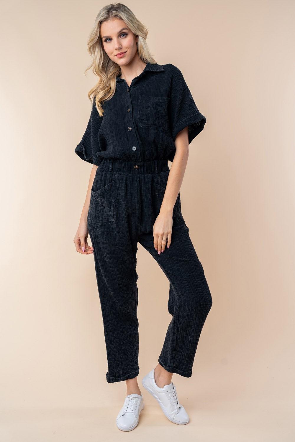 White Birch Texture Short Sleeve Jumpsuit for a perfect OOTD – dress to impress outfits from Amexza