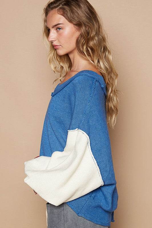 POL Exposed Seam Contrast V-Neck Lantern Sleeve Sweater for a perfect OOTD – dress to impress outfits from Amexza