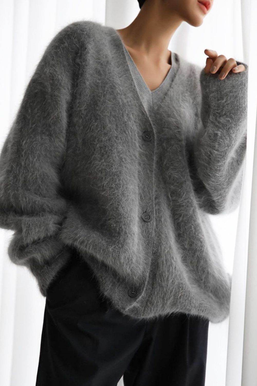 Fuzzy Button Down Long Sleeve Cardigan - Amexza