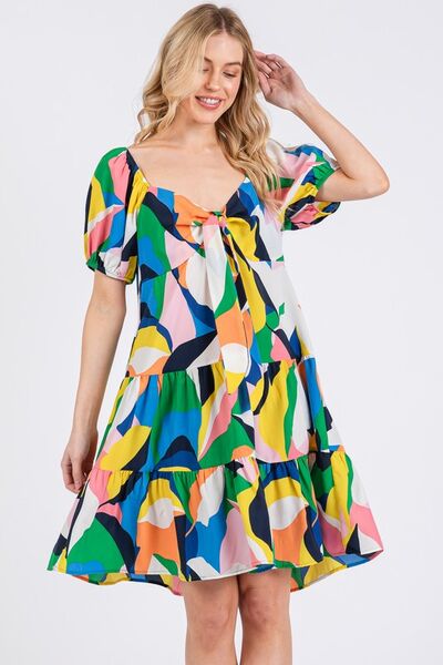 Ces Femme Abstract Print Sweetheart Neck Puff Sleeve Dress BLUE MULTI for a perfect OOTD – dress to impress outfits from Amexza