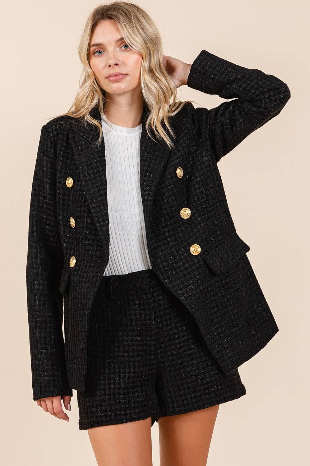 Mittoshop Plaid Texture Double-Breasted Long Sleeve Blazer for a perfect OOTD – dress to impress outfits from Amexza