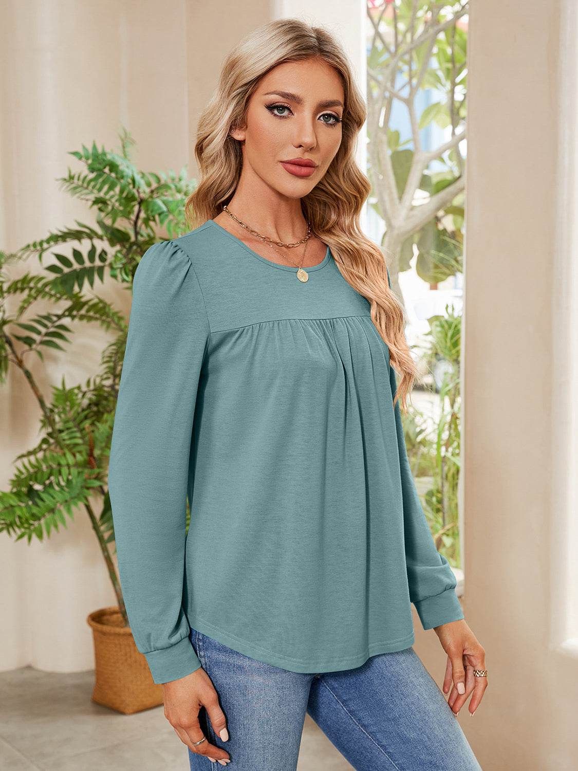 Ruched Round Neck Long Sleeve Blouse for a perfect OOTD – dress to impress outfits from Amexza