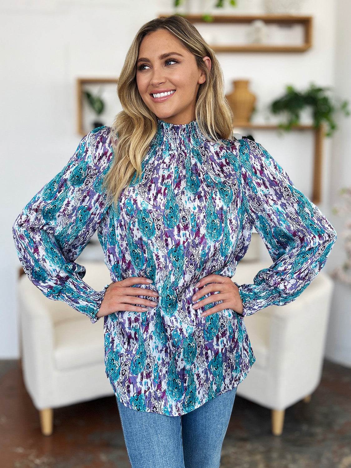 Double Take Full Size Printed Smocked Long Sleeve Blouse for a perfect OOTD – dress to impress outfits from Amexza