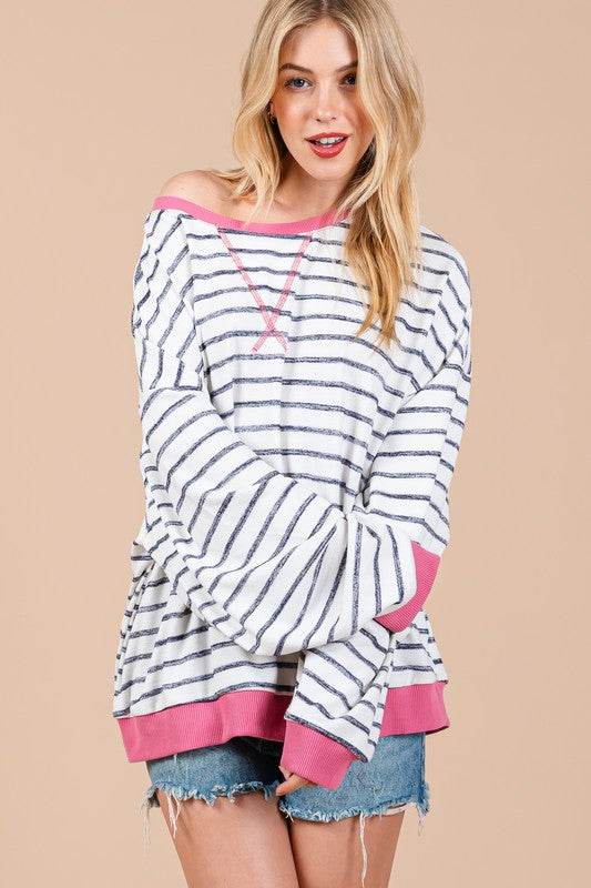 Ces Femme Striped Round Neck Drop Shoulder Sweatshirt for a perfect OOTD – dress to impress outfits from Amexza