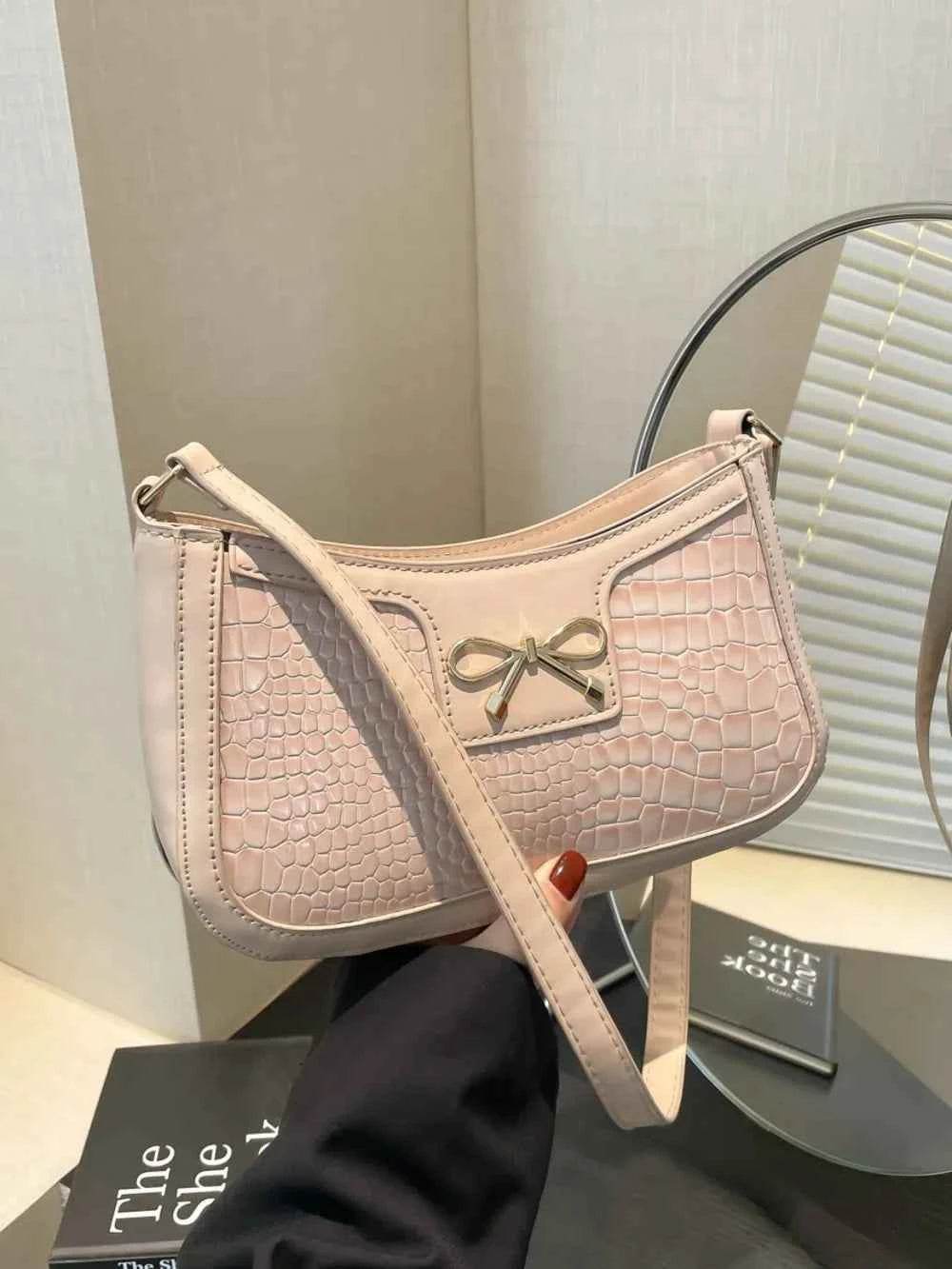 Bow PU Leather Shoulder Bag Khaki One Size for a perfect OOTD – dress to impress outfits from Amexza