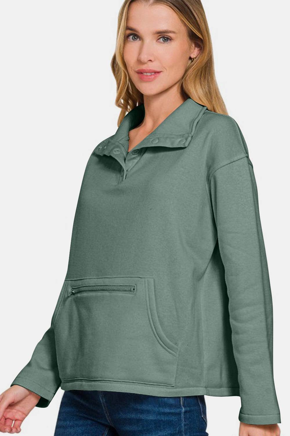 Zenana Turtleneck Half Snap Fleece Sweatshirt for a perfect OOTD – dress to impress outfits from Amexza