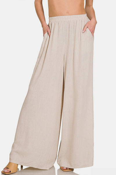 Zenana Pleated Linen Blend Wide Leg Pants Sand Beige for a perfect OOTD – dress to impress outfits from Amexza