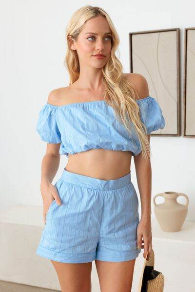 Le Lis Off Shoulder Crop Top and High Waist Shorts Set Light Blue for a perfect OOTD – dress to impress outfits from Amexza