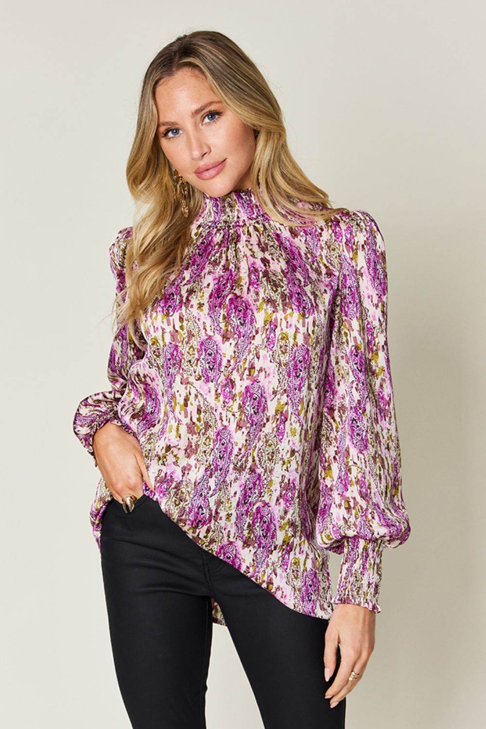 Double Take Full Size Printed Smocked Long Sleeve Blouse Red-Violet for a perfect OOTD – dress to impress outfits from Amexza