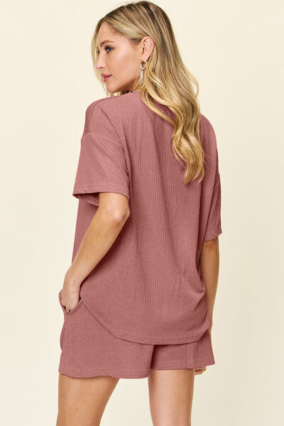 Double Take Full Size Round Neck Short Sleeve T-Shirt and Shorts Set for a perfect OOTD – dress to impress outfits from Amexza