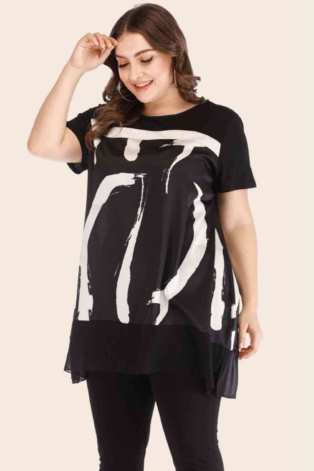 Plus Size Contrast Spliced Mesh T-Shirt and Cropped Leggings Set for a perfect OOTD – dress to impress outfits from Amexza